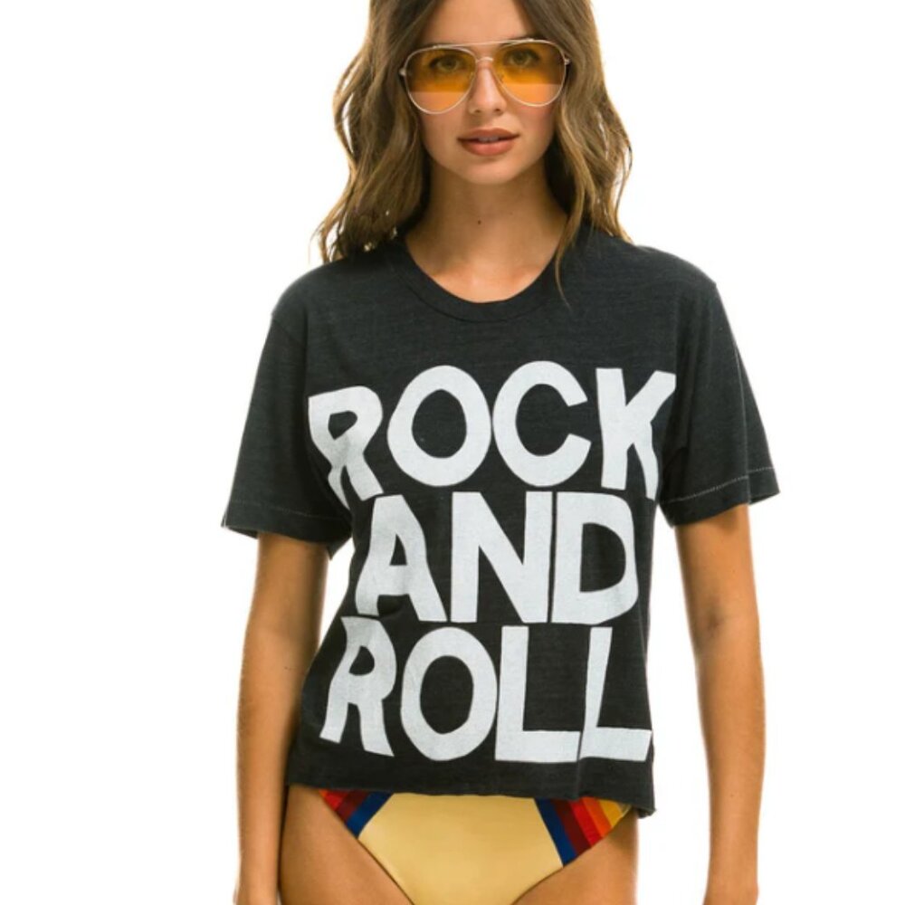 AVIATOR NATION ROCK AND ROLL BOYFRIEND TEE - CHARCOAL SMALL